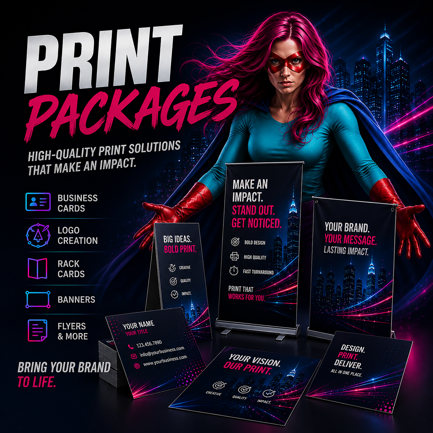 Neon-style Shortbox Graphics Print Packages ad featuring Lucy presenting business cards, banners, flyers, and logo design services with bold pink and blue cityscape graphics.