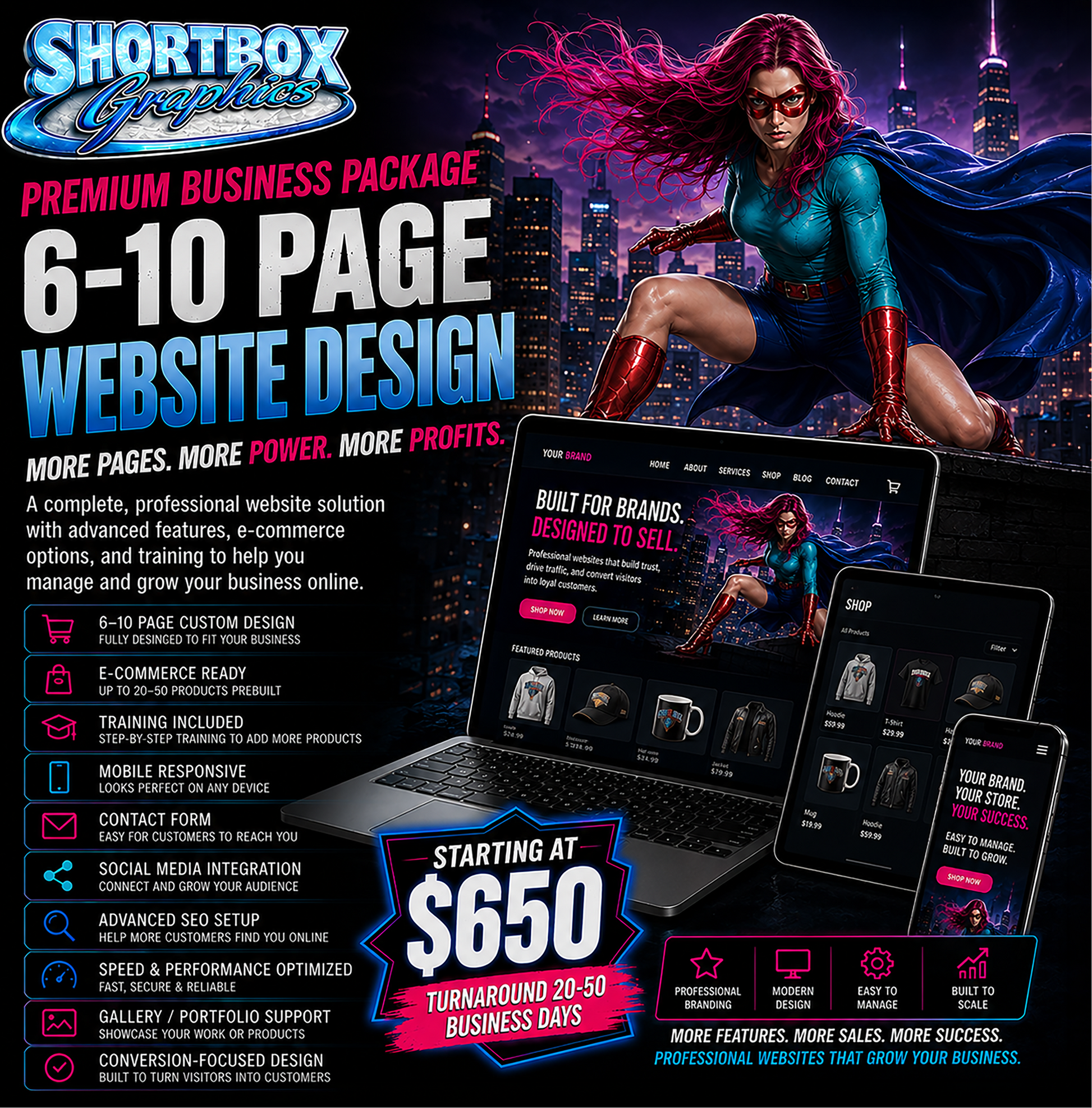 Premium Business Package promotional graphic for Shortbox Graphics featuring 6–10 page website design, ecommerce website setup, 20–50 prebuilt products, product management training, SEO optimization, mobile-responsive layouts, and modern business web design solutions for growing brands and online stores.