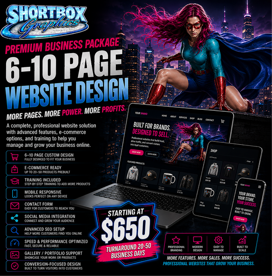 Premium Business Package promotional graphic for Shortbox Graphics featuring 6–10 page website design, ecommerce website setup, 20–50 prebuilt products, product management training, SEO optimization, mobile-responsive layouts, and modern business web design solutions for growing brands and online stores.